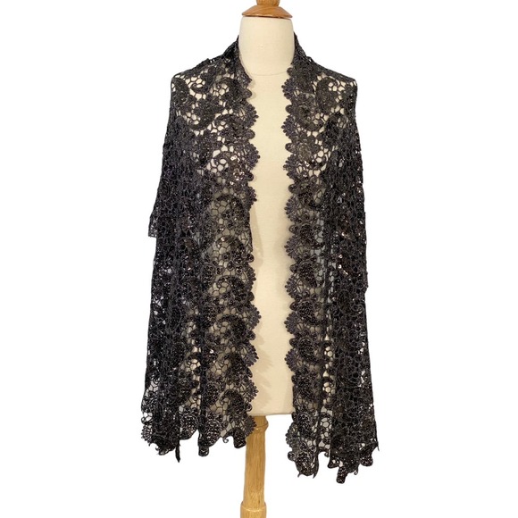 Joan Rivers Sequin Lace Scarf Wrap Black Silver Gray Sparkle Evening 20 x 72 - Picture 7 of 7